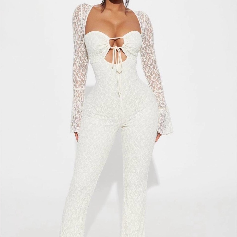 Fashion Nova Cream Lace Cutout Jumpsuit